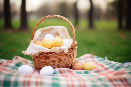 basket of eggs on a picnic blanket in a parkの素材