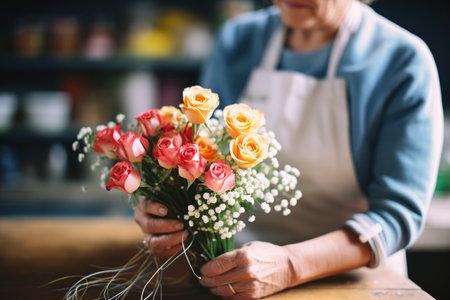 florist preparing a bouquet of roses with babys breathの素材