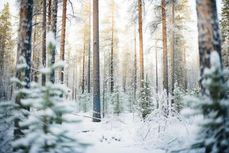 frosted pines in a winter forest with a snowy groundの素材