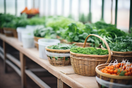 baskets of freshly picked veggies in a production greenhouseの素材
