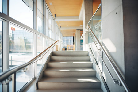 concrete stairway with glass balustrade in a public buildingの素材
