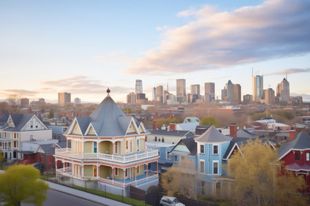 victorian homes with city skyline in the backgroundの素材