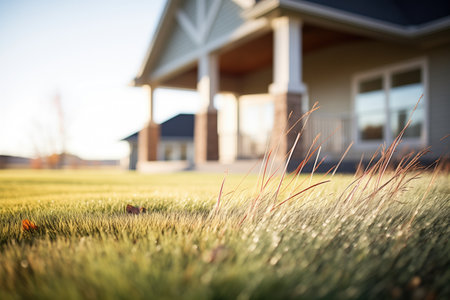 dewcovered grass in prairie with house eaves in the backgroundの素材