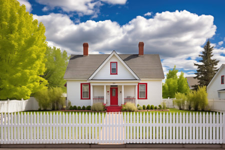 classic saltbox home with red central chimneys and a white picket fenceの素材