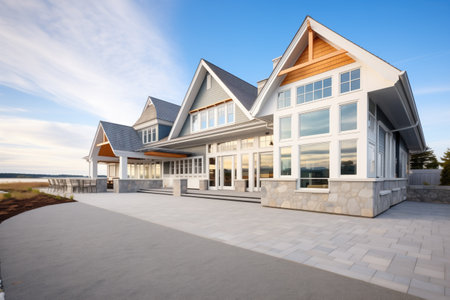 modern shingle style mansion facing the beachの素材