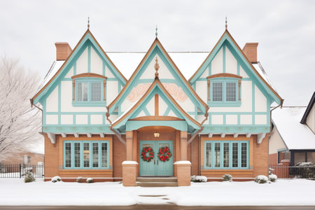 winter scene of tudors front gable with snow accentsの素材
