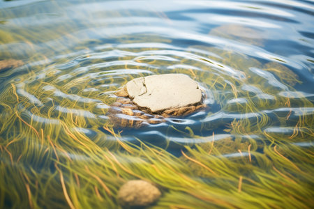 water ripples around a rock in a marshの素材