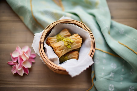 baklava in a rustic basket with a linen napkinの素材