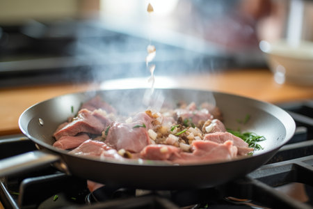 process shot of beef being sauteed in a pan, pre-stroganoffの素材