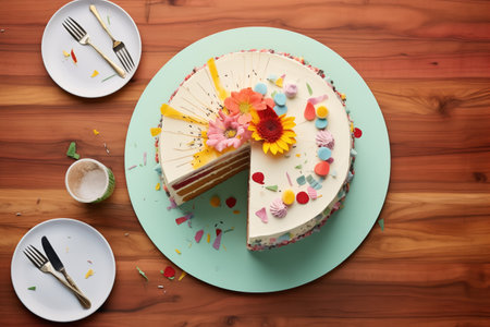 overhead shot of cake with one slice missingの素材