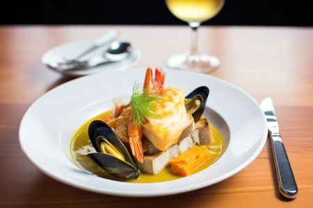 bowl of bouillabaisse with seafood and rouille on toastの素材