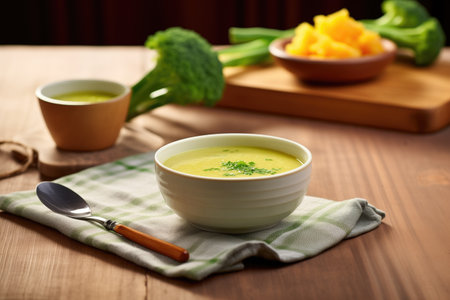 bowl of broccoli cheddar soup with spoon on wooden tableの素材