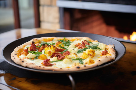 cauliflower pizza in a wood-fired oven with flames at the backの素材