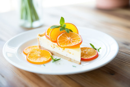 sliced orange cheesecake on plate, citrus zest garnishの素材