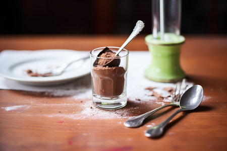 half-eaten chocolate mousse cup, silver spoon resting insideの素材