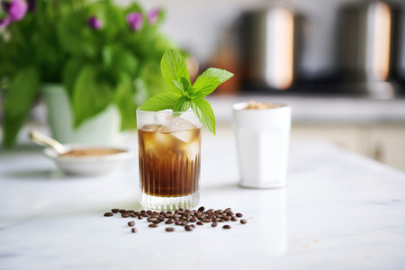 cold brew coffee with mint sprig garnishの素材