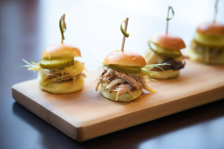 duck confit slider with pickles on a wooden serving trayの素材