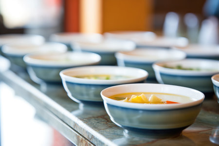 soup bowls lined up for serving, family dinner conceptの素材