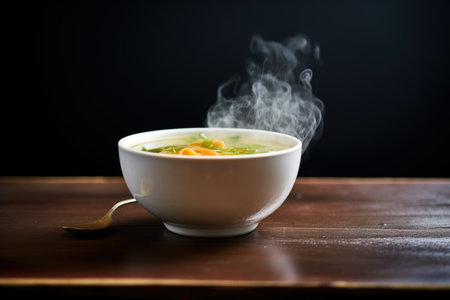 a single bowl of soup with steam rising, on dark backgroundの素材