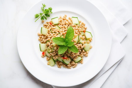 top view of farro salad with diced cucumber on white plateの素材