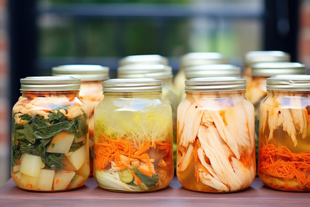 rows of fermentation jars filled with different kimchi stylesの素材