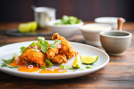 crispy fried chicken with hot sauce on sideの素材