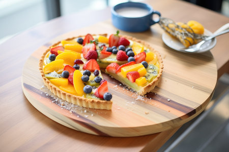 sliced fruit tart on wooden boardの素材