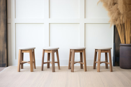 set of rustic wooden stools on a textured rugの素材