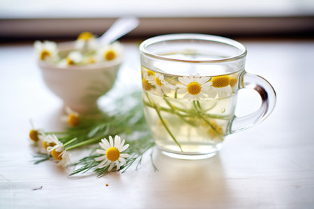 close-up of chamomile flowers in hot water, glass cupの素材