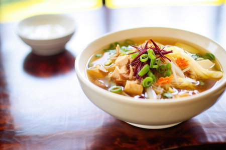 close-up of hot and sour soup with vibrant red brothの素材