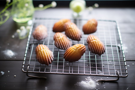 dark chocolate dipped madeleines on a wire gridの素材