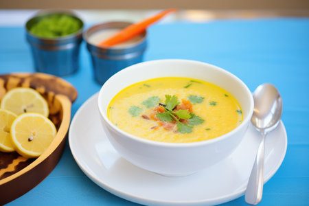 cooked masoor dal soup with lemon slice on sideの素材