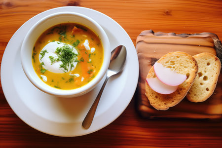 bowl of soup with a dollop of yogurt on top, bread on the sideの素材