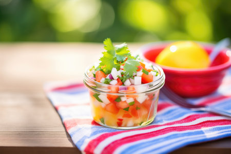 bright pico de gallo on a sunny picnic table settingの素材
