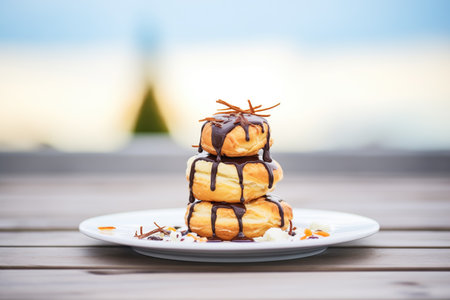 profiteroles stacked on plate with chocolate drizzleの素材