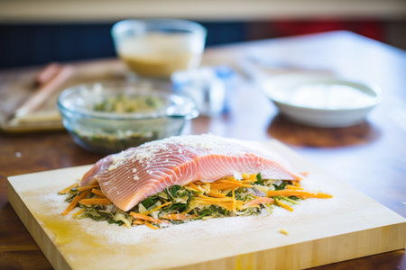 raw salmon en croute preparation with seasoning on topの素材