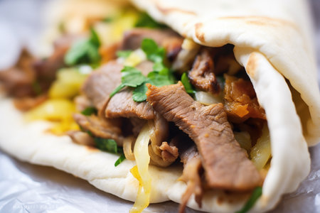 freshly made shawarma on pita bread with a bite taken, close-upの素材