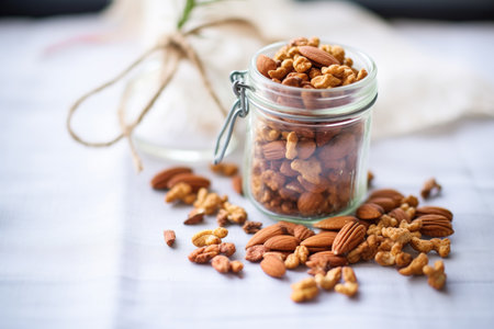 spiced nuts in a jar on a burlap clothの素材