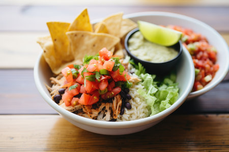 veggie burrito bowl with a side of salsa and chipsの素材
