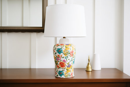 ceramic bedside lamp with floral shade by white pillowsの素材