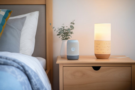 smart bedside lamp glowing with voice commandの素材