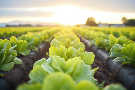 rows of lettuce heads in morning lightの素材
