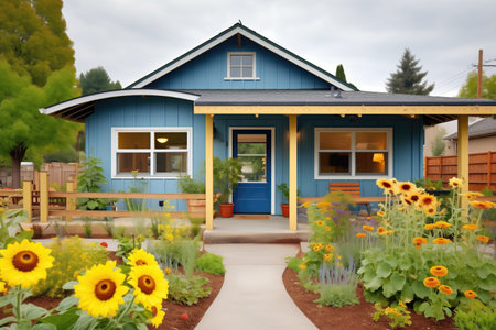 bluepainted cottage with a sunflower gardenの素材