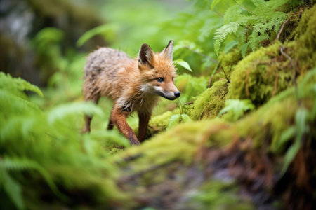 red fox sneaking through a dense forest underbrushの素材