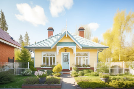 sunny facade of a georgian home with hip roof and lush gardenの素材