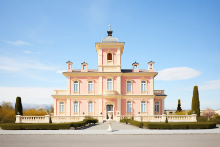 italianate mansion with a prominent belvedere against a clear blue skyの素材