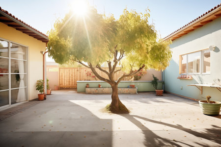 sunlit courtyard with an olive tree in the centerの素材