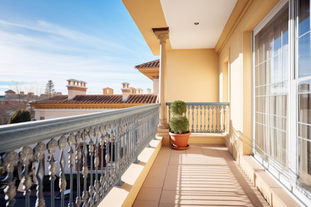 spanish villa terrace with iron railing and tilesの素材