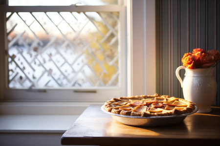 lattice-topped apple pie beside a window with daylightの素材