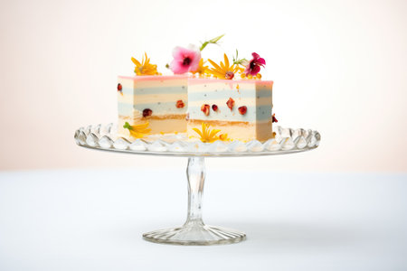 cake displayed on a glass stand, light backgroundの素材